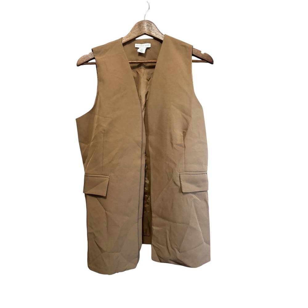Sincerely Jules Longline Vest Women L Tan Excellent Open Front Flap Pockets